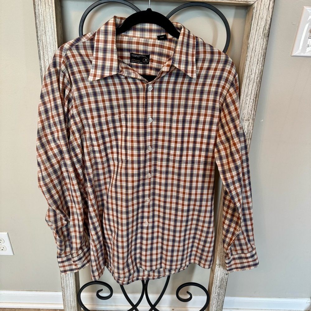 JC Penney Vintage Orange Blue Cream Plaid Button-Up Mens Shirt Size‎ Medium